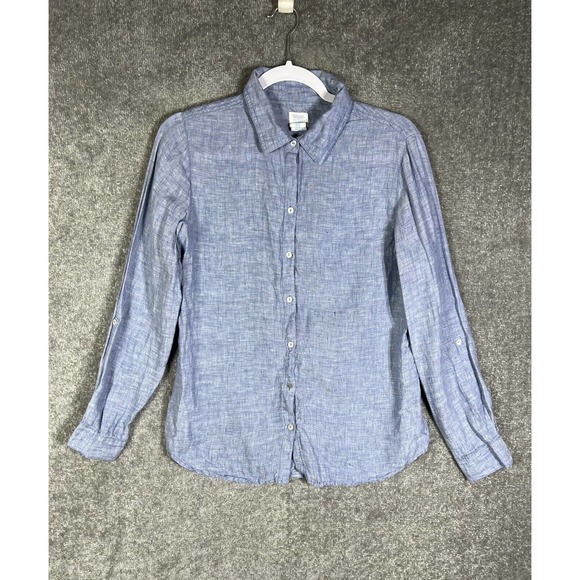 Sigrid Olsen Linen Button Up Shirt Womens Size Medium Blue Roll Tab Sleeve FLAW - Picture 1 of 16